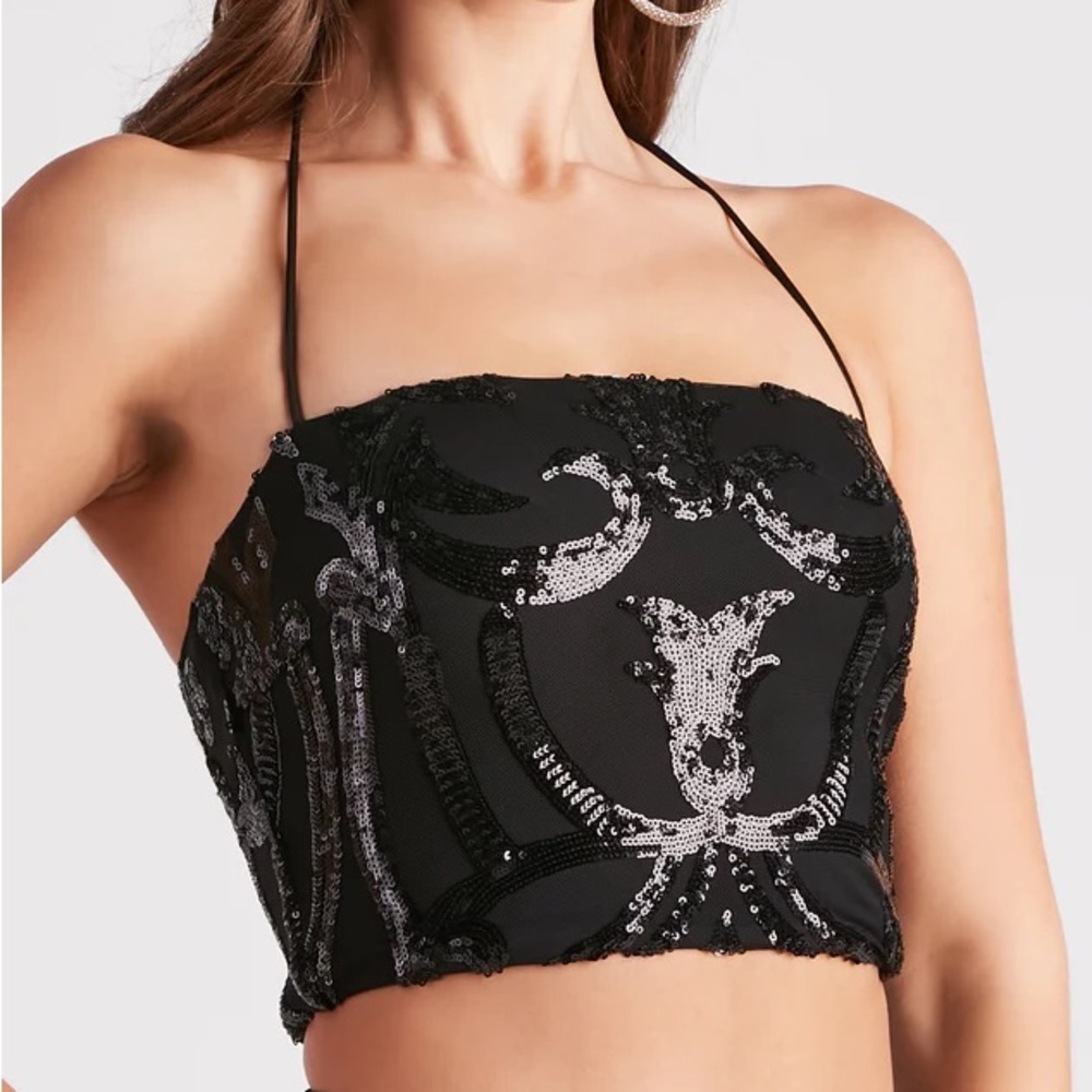 Glitzy Night Out Sequin Crop Top and Flare Pant Set - Windsor